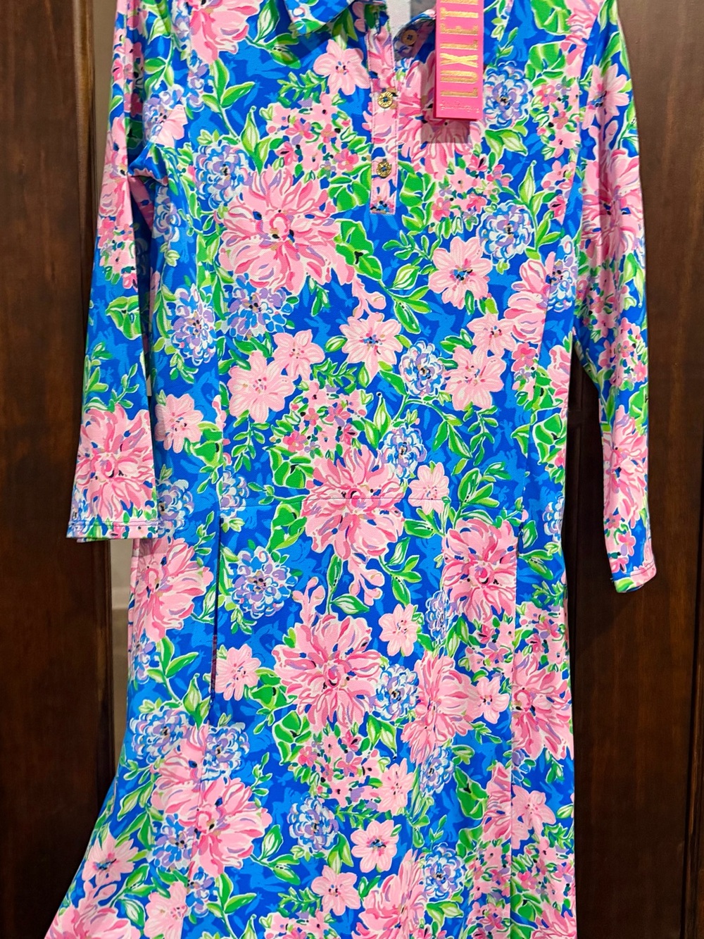 Lilly Pulitzer Blue Polo Dress with Pink Floral & Green Leaves